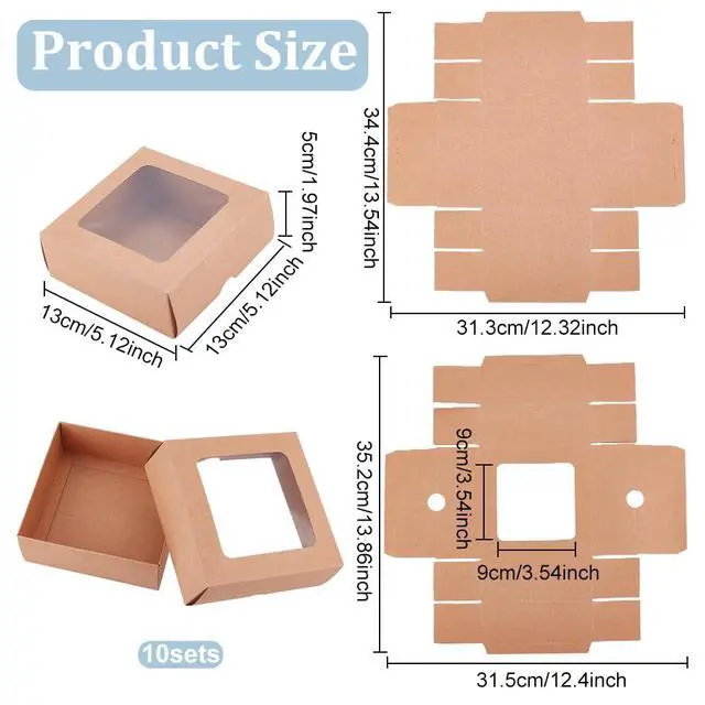 Alt view image 2 of 6 - 10PCS Brown Kraft Paper Box with Clear Window, 5.12x5.12x1.97inch Square Kraft Paper Gift Box for Wedding Party Gifts, Festival Jewelry Packaging, Candy Storage