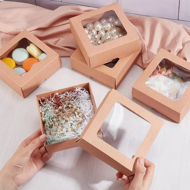 Alt view image 4 of 6 - 10PCS Brown Kraft Paper Box with Clear Window, 5.12x5.12x1.97inch Square Kraft Paper Gift Box for Wedding Party Gifts, Festival Jewelry Packaging, Candy Storage