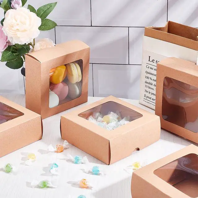 Alt view image 5 of 6 - 10PCS Brown Kraft Paper Box with Clear Window, 5.12x5.12x1.97inch Square Kraft Paper Gift Box for Wedding Party Gifts, Festival Jewelry Packaging, Candy Storage