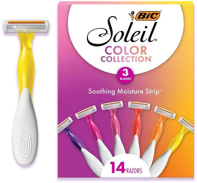 Main image of Soleil 3 Colors Women's Disposable 3-Blade Razors, Aloe Vera Strip, College Dorm Room Essential, Shower Caddy and Toiletry Bag Ready, 14-Pack