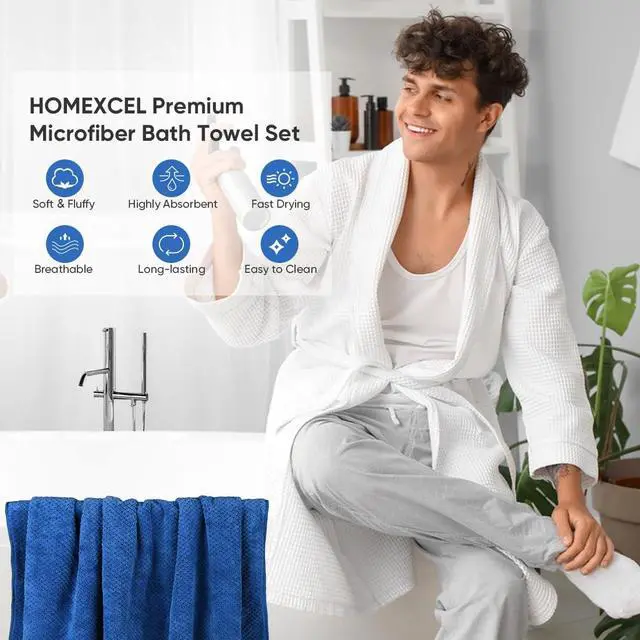 Alt view image 3 of 7 - Bath Towels Pack of 2, (27 x 54 Inches) Microfiber Ultra Soft Highly Absorbent Bath Towel Set, Lightweight and Quick Drying Towels for Body, Sport, Yoga, SPA, Fitness, Blue