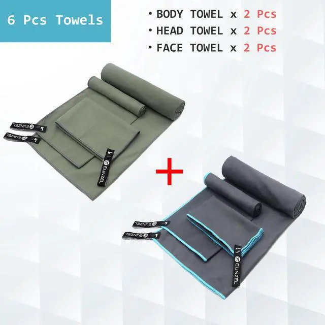 Alt view image 2 of 7 - 2 Set Quick Dry Camping Towel, Microfiber Travel Towel Super Absorbent Fast Drying Towel for Camping, Beach, Gym, Backpacking & Swimming(Two 3-Piece Towel Sets, Army Green/Grey)