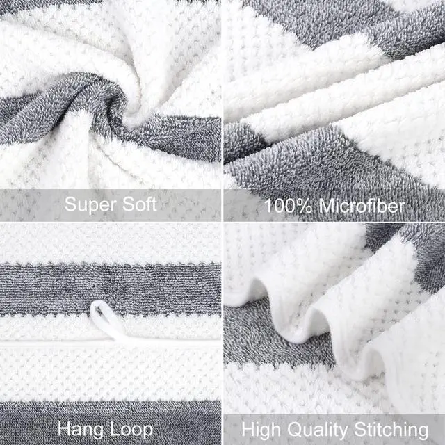 Alt view image 4 of 7 - Large Bath Towels Set of 2, Waffle Stripe Grey, 30" x 60"