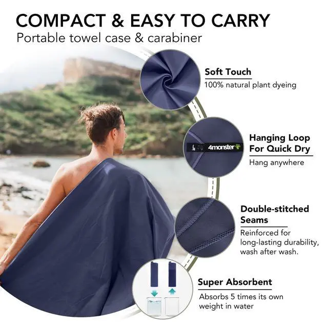 Alt view image 3 of 7 - Quick Dry Travel Towel with Case & Carabiner Super Absorbent Microfiber Gym & Camping Towel. Compact, Lightweight, Fast Drying for Beach, Swimming, Hiking, Backpacking