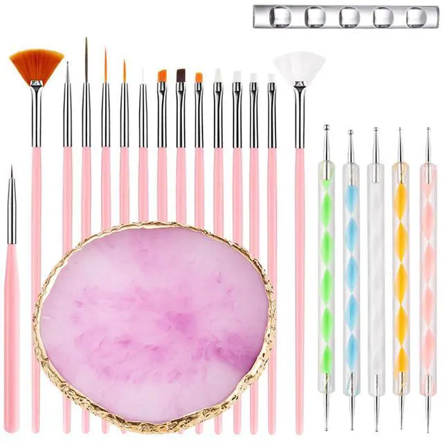 Main image of Nail Art Tools 22-piece Set, Resin Nail Art Palette, 2-way Acrylic Silicone Engraving Pen Dotting Pen Tools Nail Art Kit for Nail Art DIY Home Salon Makeup Display Board, pink