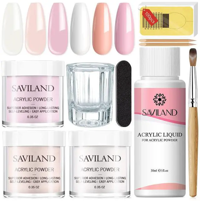 Main image of Acrylic Nail Starter Kit: Clear Pink Nude Acrylic Powder & Liquid, Brush, Files, Forms, Press On Nails, Home Practice Set