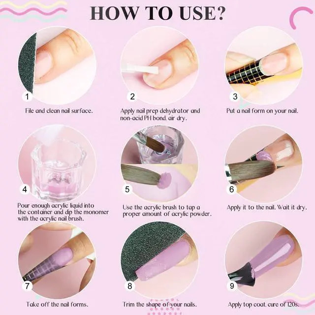 Alt view image 6 of 7 - Acrylic Nail Starter Kit: Clear Pink Nude Acrylic Powder & Liquid, Brush, Files, Forms, Press On Nails, Home Practice Set
