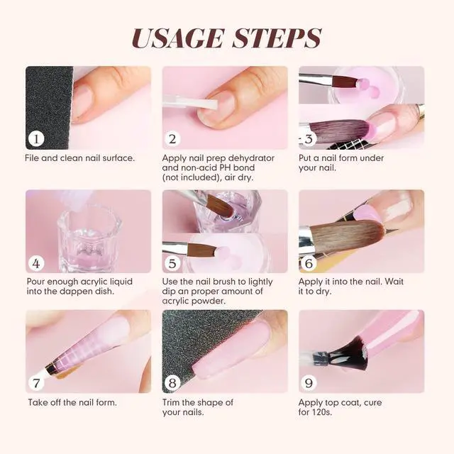 Alt view image 7 of 7 - Acrylic Nail Starter Kit: Clear Pink Nude Acrylic Powder & Liquid, Brush, Files, Forms, Press On Nails, Home Practice Set