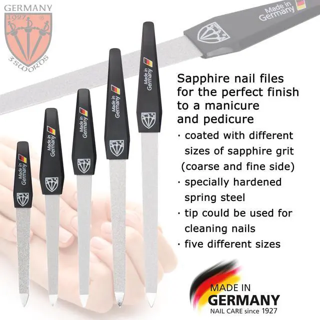 Alt view image 2 of 6 - 3 Swords Germany - Brand Quality Sapphire Metal Nail File Set (5 pcs.) with 3-Way Nail Buffer (1 pc.), Manicure Pedicure Finger & Toe Nail Care - Made in Solingen Germany (671)