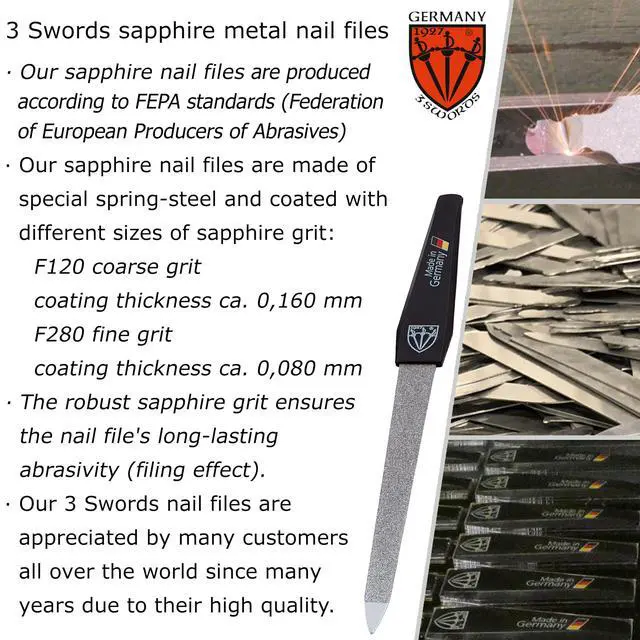 Alt view image 6 of 6 - 3 Swords Germany - Brand Quality Sapphire Metal Nail File Set (5 pcs.) with 3-Way Nail Buffer (1 pc.), Manicure Pedicure Finger & Toe Nail Care - Made in Solingen Germany (671)