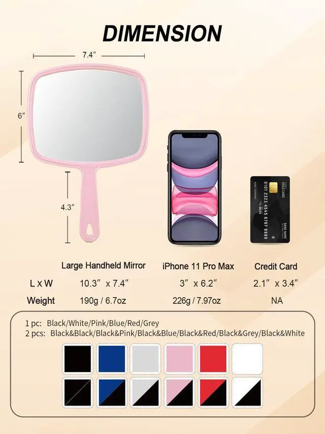 Alt view image 2 of 7 - 10.3" L x 7.4" W Hand Mirror with Handle, Pink
