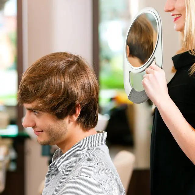Alt view image 4 of 7 - Unbreakable Hand Mirror, Hand Mirrors with Handle, Salon Barber for Hair, Anti-Slip Hand Held with Rubber Grip for Travel, Makeup, Shaving, Shower, Camping - Silver