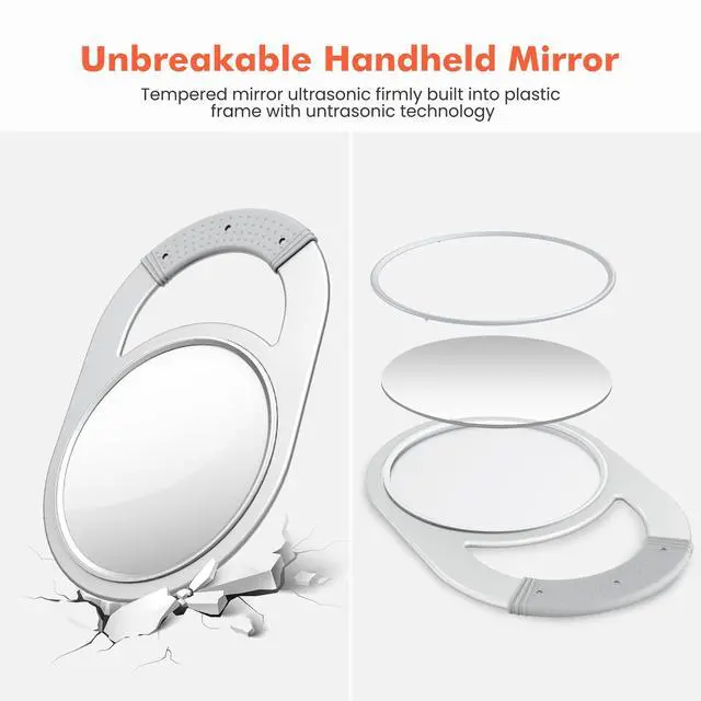 Alt view image 5 of 7 - Unbreakable Hand Mirror, Hand Mirrors with Handle, Salon Barber for Hair, Anti-Slip Hand Held with Rubber Grip for Travel, Makeup, Shaving, Shower, Camping - Silver
