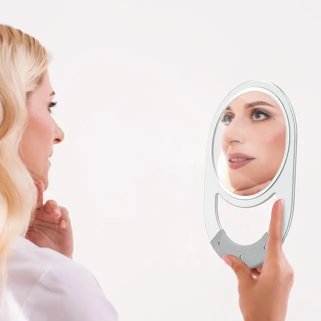Alt view image 6 of 7 - Unbreakable Hand Mirror, Hand Mirrors with Handle, Salon Barber for Hair, Anti-Slip Hand Held with Rubber Grip for Travel, Makeup, Shaving, Shower, Camping - Silver
