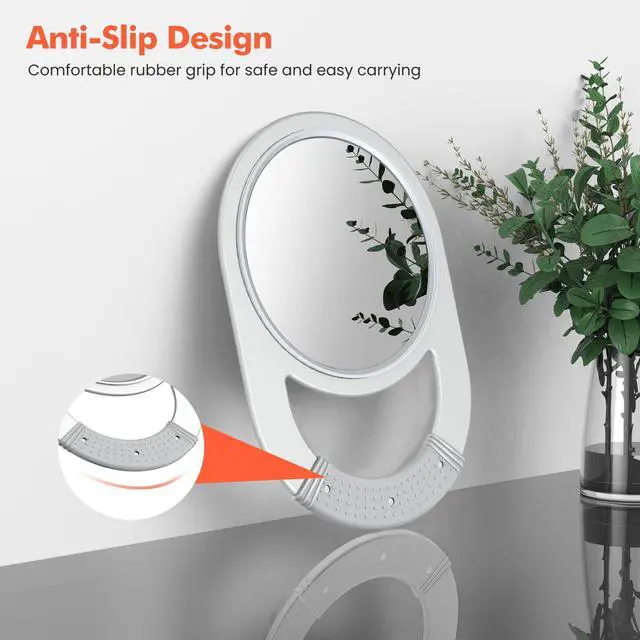 Alt view image 3 of 7 - Unbreakable Hand Mirror, Hand Mirrors with Handle, Salon Barber for Hair, Anti-Slip Hand Held with Rubber Grip for Travel, Makeup, Shaving, Shower, Camping - Silver