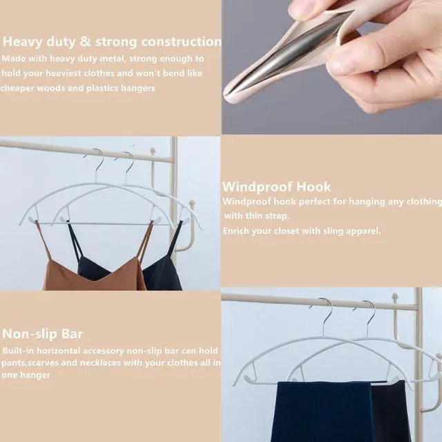 Alt view image 4 of 7 - Metal Hangers with Non-Slip Rubber Coating, No Shoulder Bumps, Contour Design with Pants Bar for Sweaters & T-Shirts, White, 16.5 Inch, Pack of 10