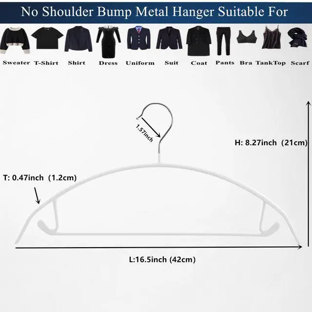 Alt view image 3 of 7 - Metal Hangers with Non-Slip Rubber Coating, No Shoulder Bumps, Contour Design with Pants Bar for Sweaters & T-Shirts, White, 16.5 Inch, Pack of 10