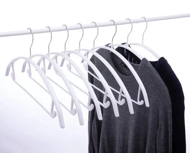 Main image of Metal Hangers with Non-Slip Rubber Coating, No Shoulder Bumps, Contour Design with Pants Bar for Sweaters & T-Shirts, White, 16.5 Inch, Pack of 10