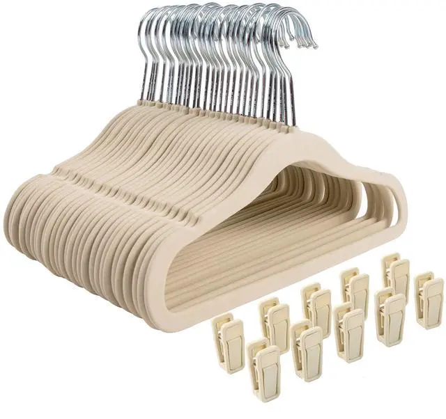 Main image of Non-Slip Clothes Hanger for Baby and Kids 30-Pack Velvet Hangers with 10 Finger Clips,Beige