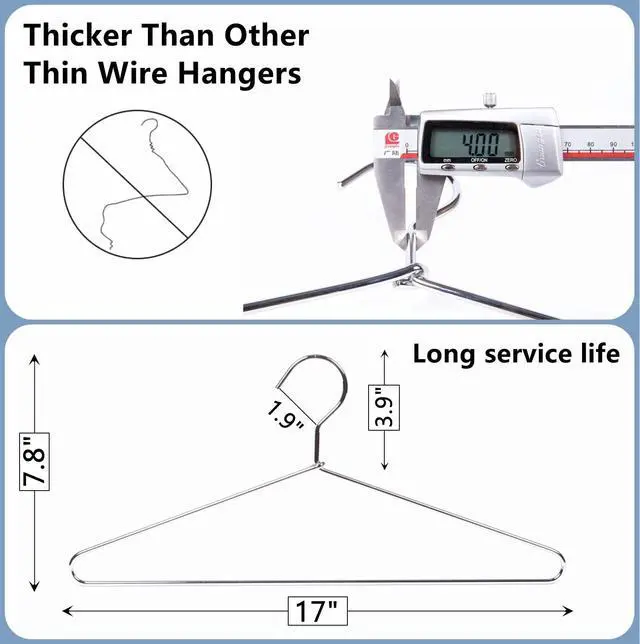 Alt view image 2 of 7 - 10 Pack Heavy Duty Metal Coat Hangers, 17" Stainless Steel Shirt Hangers with Smooth Chrome, Silver Metal Wire Hanger for Closet Organization, Suit & Pants
