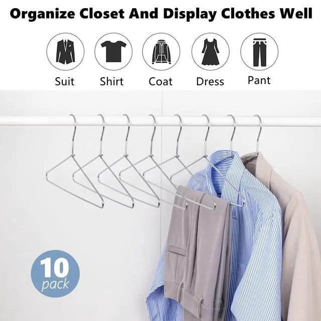 Alt view image 7 of 7 - 10 Pack Heavy Duty Metal Coat Hangers, 17" Stainless Steel Shirt Hangers with Smooth Chrome, Silver Metal Wire Hanger for Closet Organization, Suit & Pants