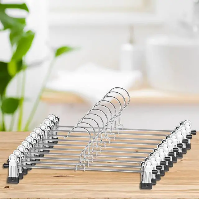 Alt view image 6 of 7 - Pants Hangers 12 Pack Skirt Hangers with Clips Metal Adjustable Hanger for Pants Trousers Men Women Kids Clothes