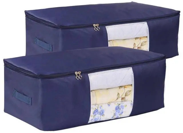 Main image of Blanket Storage Bags Pillow Bedspread Bedding Clothes Organizer Storage Containers With Zippers Breathable and Moistureproof. (Navy blue 2pcs, L)