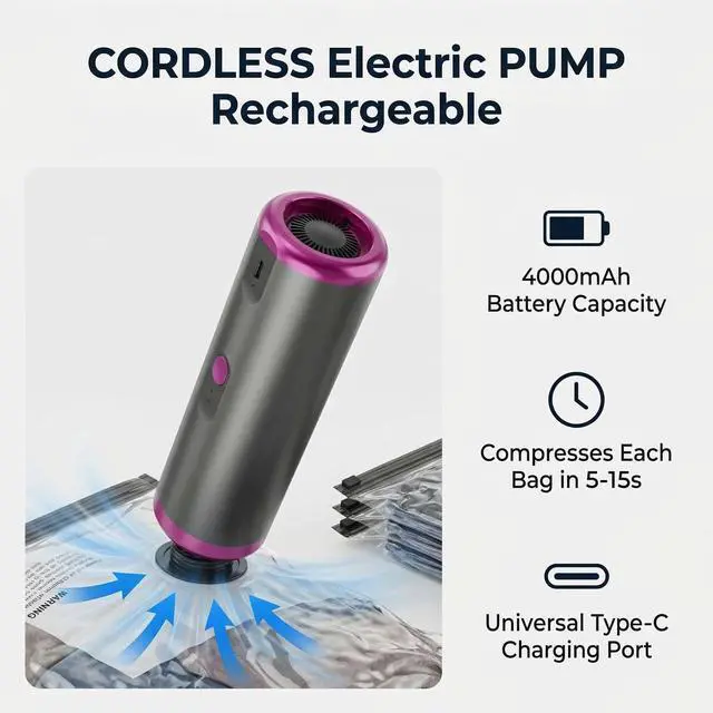 Alt view image 2 of 7 - Vacuum Storage Bags with Rechargeable Electric Pump, 16 Pack Vacuum Seal Bags for Clothing Travel, 3 Sizes Compression Packing Bags 80% Space Saver for Clothes, Bedding & Seasonal Storage