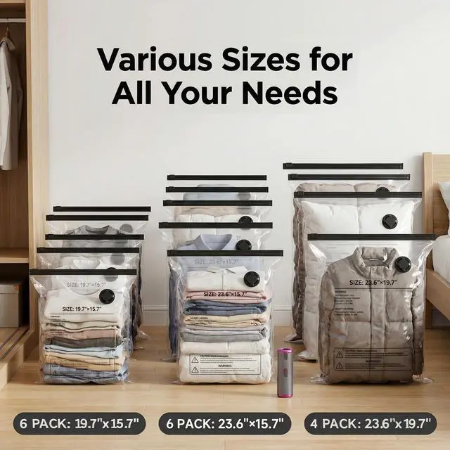Alt view image 5 of 7 - Vacuum Storage Bags with Rechargeable Electric Pump, 16 Pack Vacuum Seal Bags for Clothing Travel, 3 Sizes Compression Packing Bags 80% Space Saver for Clothes, Bedding & Seasonal Storage