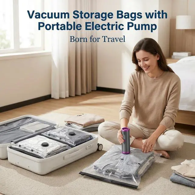 Alt view image 6 of 7 - Vacuum Storage Bags with Rechargeable Electric Pump, 16 Pack Vacuum Seal Bags for Clothing Travel, 3 Sizes Compression Packing Bags 80% Space Saver for Clothes, Bedding & Seasonal Storage