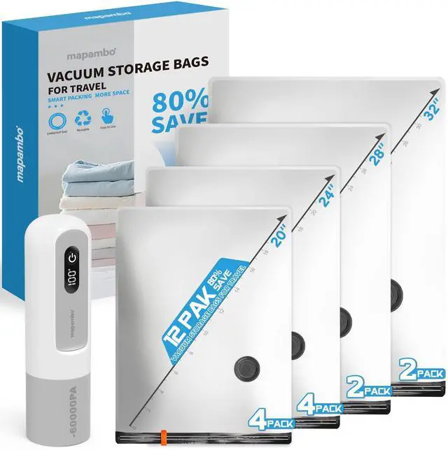 Main image of Vacuum Seal Bags for Clothing Travel: 60000Pa LED Rechargeable Air Pump, 12 Pack Vacuum Bags for Luggage and Suitcase in 4 Combo Sizes, Space Saver Vacuum Storage Bags (12 Comb)