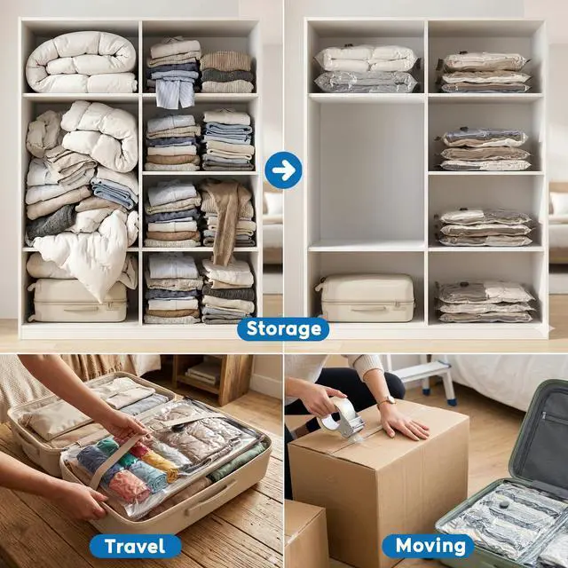 Alt view image 6 of 7 - Vacuum Seal Bags for Clothing Travel: 60000Pa LED Rechargeable Air Pump, 12 Pack Vacuum Bags for Luggage and Suitcase in 4 Combo Sizes, Space Saver Vacuum Storage Bags (12 Comb)