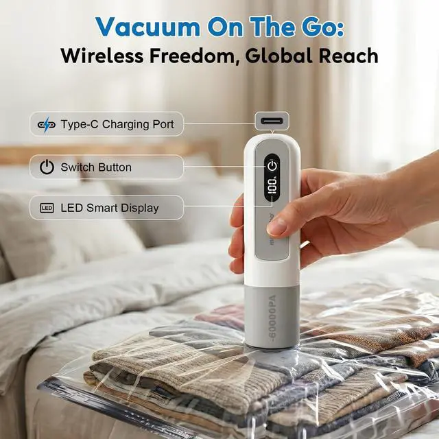 Alt view image 7 of 7 - Vacuum Seal Bags for Clothing Travel: 60000Pa LED Rechargeable Air Pump, 12 Pack Vacuum Bags for Luggage and Suitcase in 4 Combo Sizes, Space Saver Vacuum Storage Bags (12 Comb)