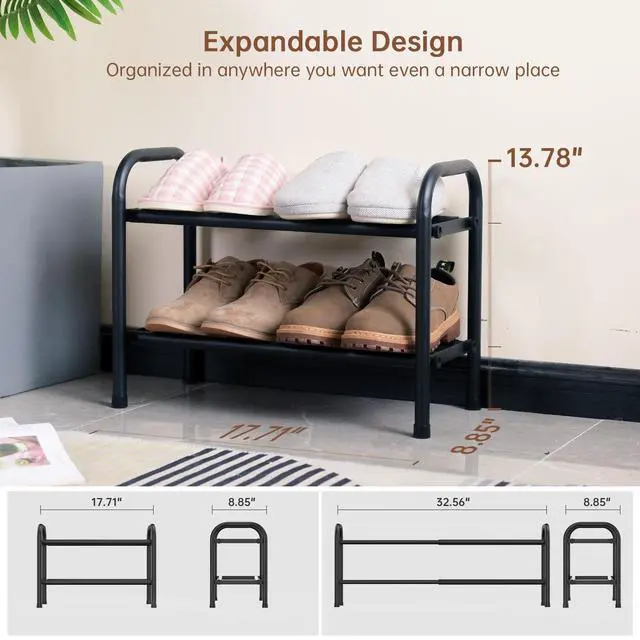 Alt view image 3 of 6 - Expandable 2-Tier Shoe Rack for Closet and Entryway, Black