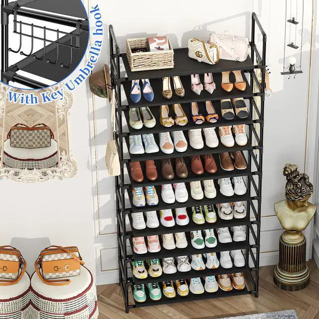 Alt view image 2 of 7 - Tall Shoe Rack Storage Holds 40 Pairs, 10 Tier Shoe Organizer Shelf Large Capacity for Entryway Closet, Black