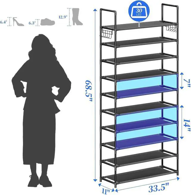 Alt view image 6 of 7 - Tall Shoe Rack Storage Holds 40 Pairs, 10 Tier Shoe Organizer Shelf Large Capacity for Entryway Closet, Black