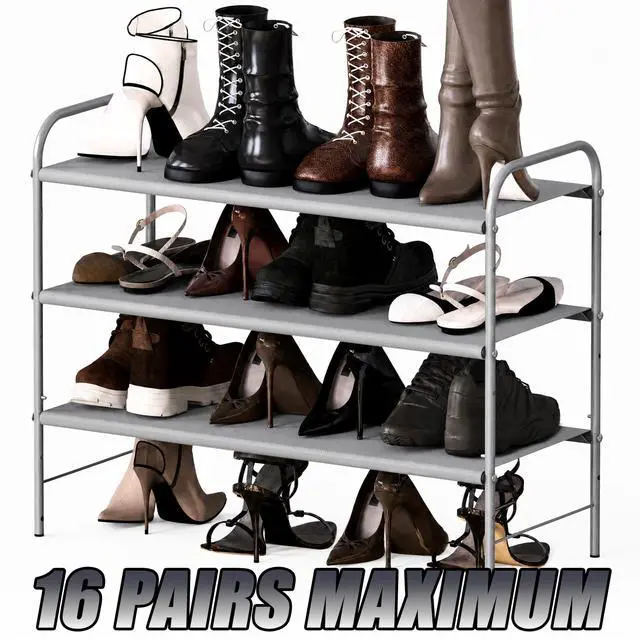 Alt view image 2 of 6 - 3-Tier Shoe Rack Storage Organizer, 9-16 Pairs, Grey