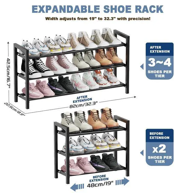 Alt view image 2 of 7 - 18-33 Expandable Shoe Rack for Closet, 3-Tier Shoe Organizer, Adjustable Shoe Rack for Front Door Entrance, Entryway