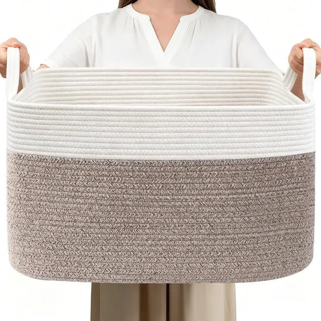 Main image of 65L Laundry Basket with Handles, Woven Blanket Basket, White/Brown