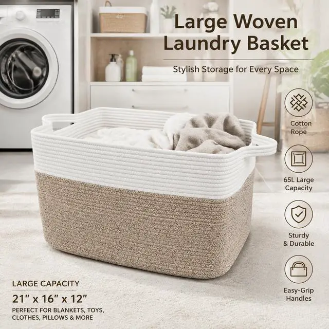Alt view image 5 of 7 - 65L Laundry Basket with Handles, Woven Blanket Basket, White/Brown
