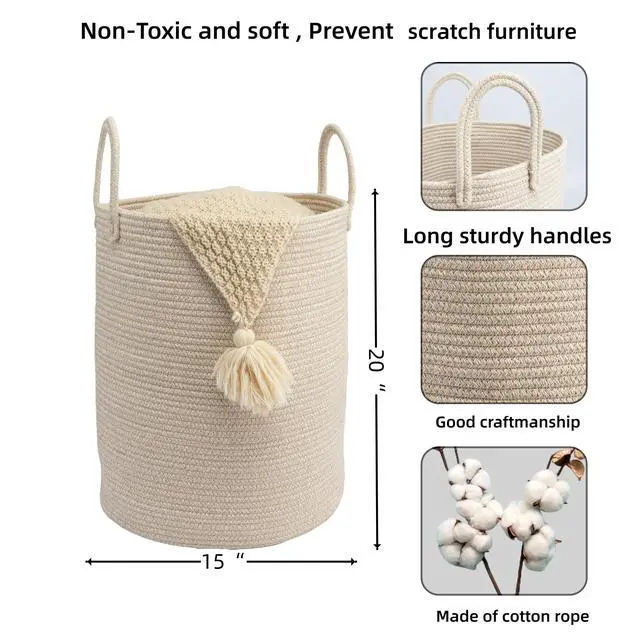 Alt view image 2 of 7 - Woven Cotton Rope Laundry Basket, 15" x 20" Laundry Hamper, Oatmeal