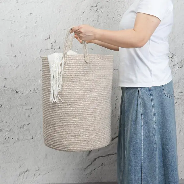 Alt view image 3 of 7 - Woven Cotton Rope Laundry Basket, 15" x 20" Laundry Hamper, Oatmeal