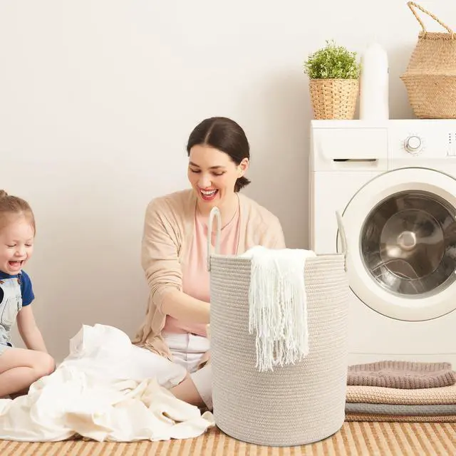 Alt view image 4 of 7 - Woven Cotton Rope Laundry Basket, 15" x 20" Laundry Hamper, Oatmeal