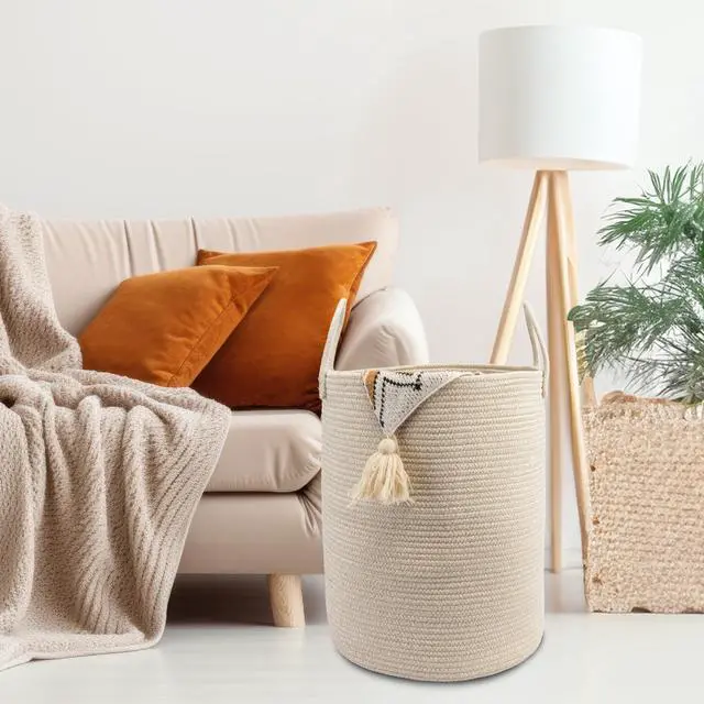 Alt view image 5 of 7 - Woven Cotton Rope Laundry Basket, 15" x 20" Laundry Hamper, Oatmeal