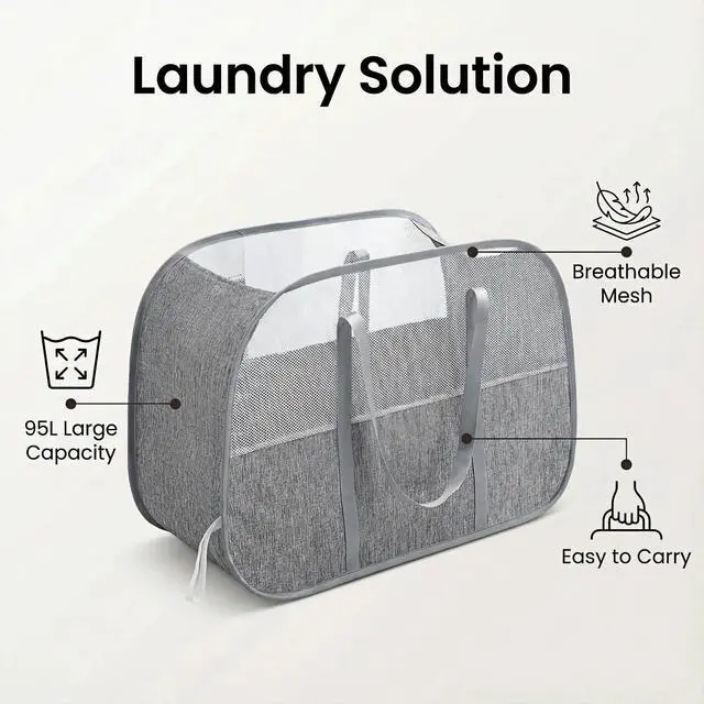Alt view image 2 of 7 - 95L Collapsible Laundry Basket, Dirty Clothes Hamper