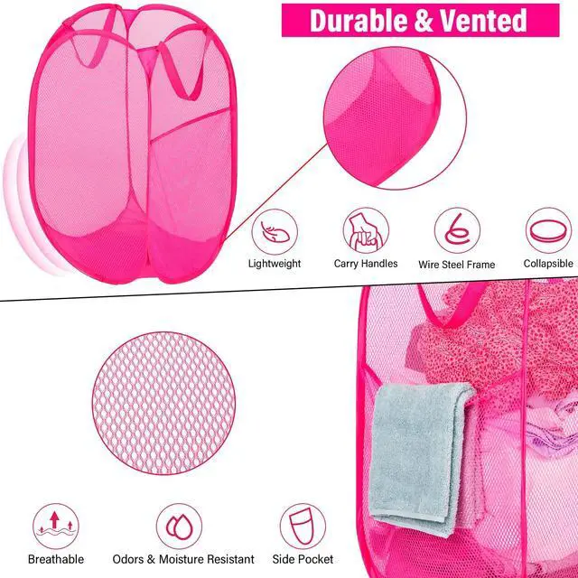 Alt view image 4 of 6 - Deluxe Strong Mesh Pop up Laundry Hamper Basket with Side Pocket for Laundry Room, Bathroom, Kids Room, College Dorm or Travel Blush