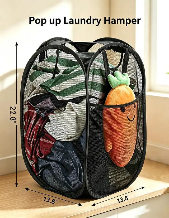 Alt view image 2 of 7 - 2 Pack Strong Mesh Pop Up Laundry Hamper, 70L Collapsible Laundry Basket with Steel Frame, DoubleStitched Handles & Side Pocket, Foldable Dirty Clothes Hamper for Dorm, Bedroom, Black