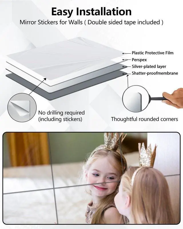 Alt view image 6 of 7 - Unbreakable Mirror Tiles, 4PCS 10x10 Peel And Stick on Mirror for Wall Mirrors Decorative, Toddlers for Kids Bedroom, Plastic Gym Frameless Door Small Adhesive Mirrors for Classroom Decor Stickers