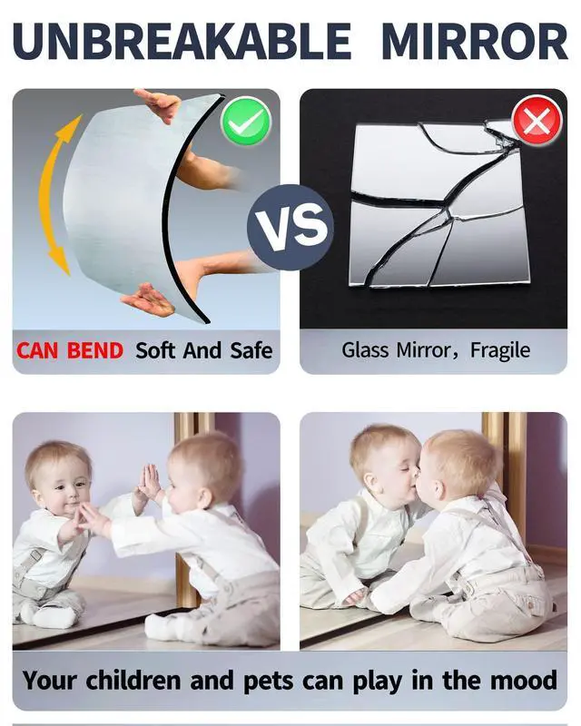 Alt view image 4 of 7 - Shatterproof Kids Wall Mirror Tiles, 4Pcs 10"x10" Self Adhesive Acrylic Mirror, Safe Unbreakable Plastic Mirrors for Toddler, Small Mirrors,Plexiglass Long Mirrior for Classroom,Children's room