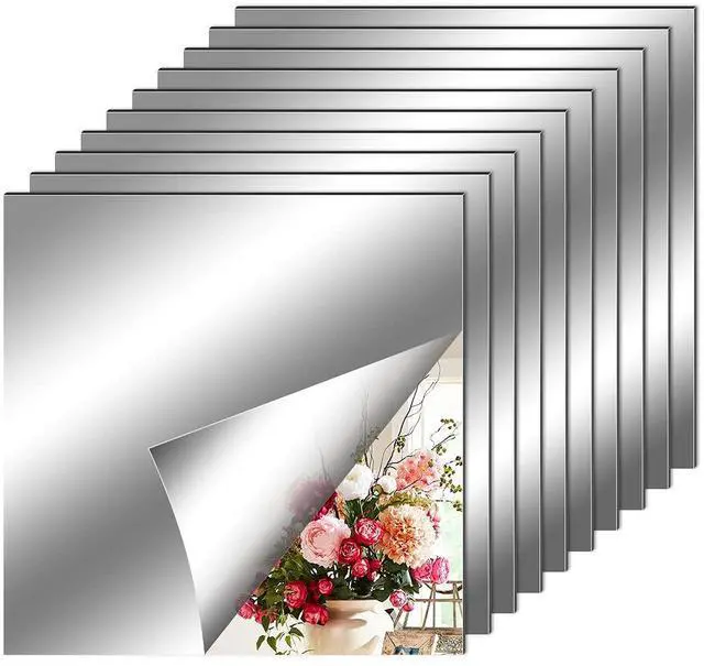 Main image of 10 Pieces Flexible Mirror Sheets, Self Adhesive Decorative Plastic Mirror Tiles Non-Glass Mirror Stickers for School Educational and Home Wall Decor(8x8 Inch)